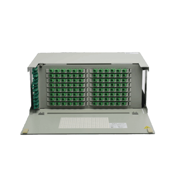 Distribuidor de Fibra Óptica para 96 empalmes, con 96 acopladores SC/APC y 96 pigtails, 19", 4 UR