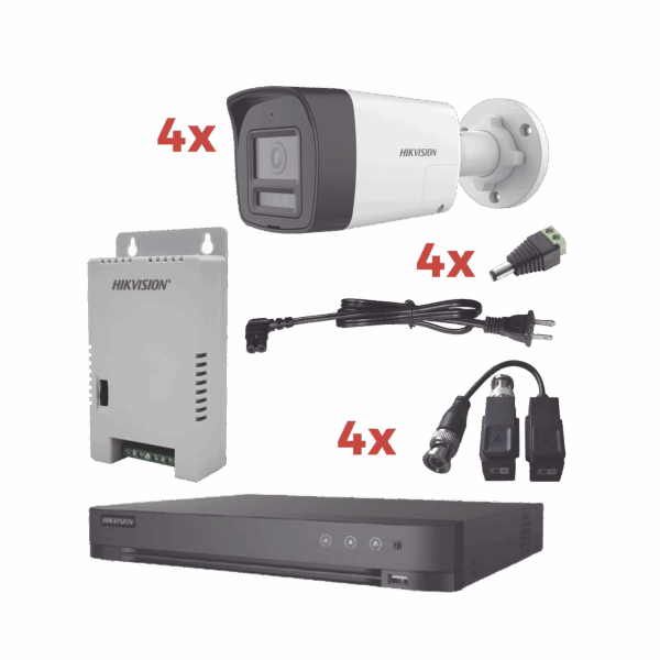 Kit Audio Bidireccional TurboHD 1080p / DVR 4 Canales / 4 Cámaras Bala (Exterior) con Bocina y Microfóno Integrado / 1 Fuente de Poder / Accesorios
