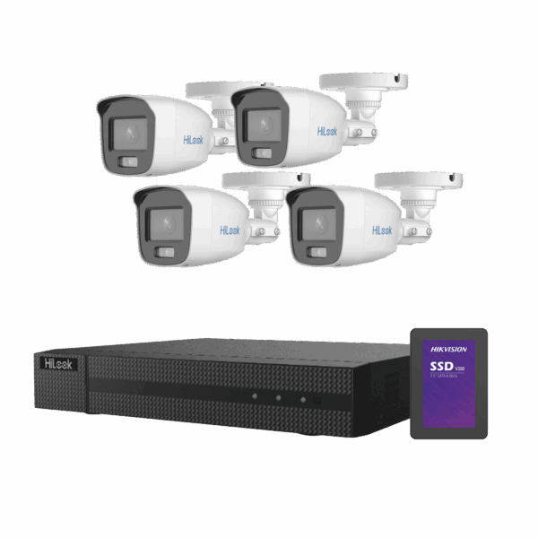 Kit TurboHD 1080p + SSD 1 TB / DVR 4 Canales / 4 Cámaras Bala ColorVu con Micrófono Integrado / Fuente de Poder / Accesorios de Instalación