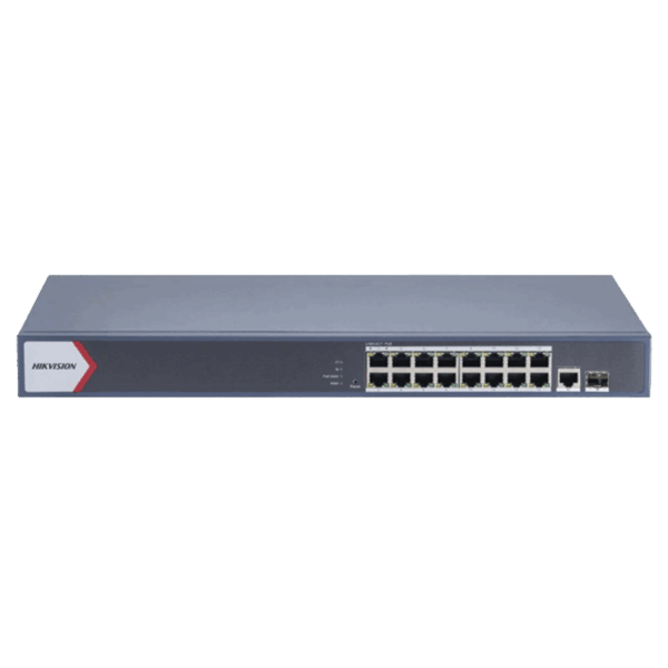 Switch Gigabit PoE+ / Monitoreable / 16 Puertos 1000 Mbps PoE+ / 1 Puerto 1000 Mbps de Uplink / 1 Puerto SFP /  Configuración Nube desde Hik-PartnerPro / Modo Extendido hasta 300 Metros / 130 Watts