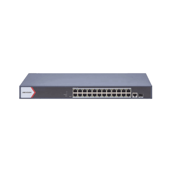Switch Gigabit PoE+ / Administrable / 24 Puertos 1000 Mbps PoE+ / 1 Puerto 1000 Mbps Uplink  / 1 Puertos SFP Uplink / Configuración Nube Hik-Partner Pro / Modo Extendido hasta 300 Metros / 230 W