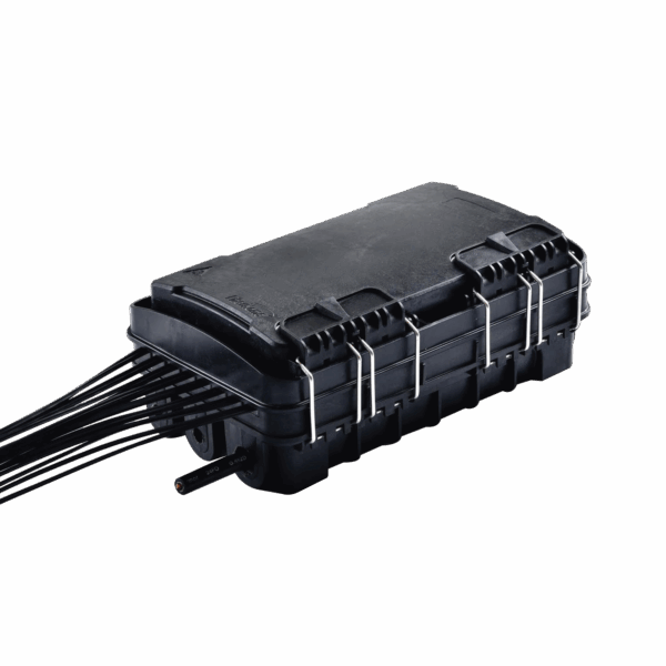 Caja de Distribución de Fibra Óptica para 24 Empalmes, con 16 acopladores SC/APC simplex, Exterior IP65, Color Negro