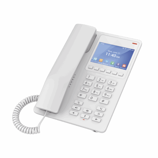Teléfono IP Hotelero con pantalla LCD a color, 2 líneas SIP con 2 cuentas, codec Opus, IPV4/IPV6, color blanco, con gestión en la nube GDMS