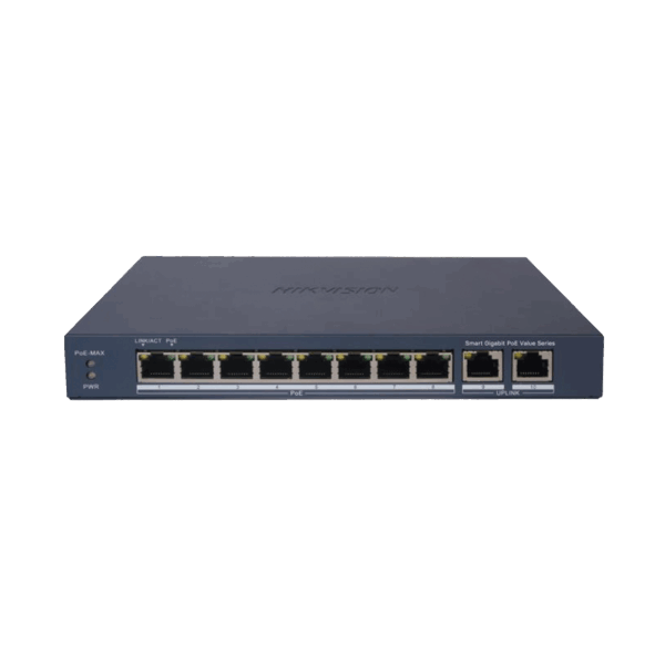 Switch Gigabit PoE+ / Administrable / 8 Puertos 1000 Mbps PoE+ / 2 Puertos 1000 Mbps de Uplink / Configuración Nube Hik-PartnerPro / Modo Extendido hasta 300 Metros / 60 W