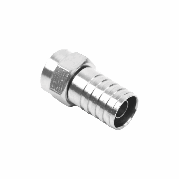 Conector F Macho, Plegable de Doble Blindaje para cable RG-59, Cuerpo de Bronce Niquelado.