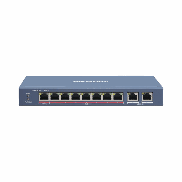 Switch PoE+ / No Administrable / 6 Puertos 10/100 Mbps 802.3 af/at (30 W) / 1 Puerto 10/100 Mbps Hi-PoE (90 W)  / 2 Puertos 1000 Mbps Uplink / Modo Extendido hasta 300 Metros / 110 Watts