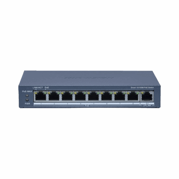 Switch PoE+ / Monitoreable / 8 Puertos 10/100 Mbps PoE+ / 1 Puerto 1000 Mbps Uplink /  Configuración Nube Hik-Partner Pro / Modo Extendido hasta 300 metros / 60 W