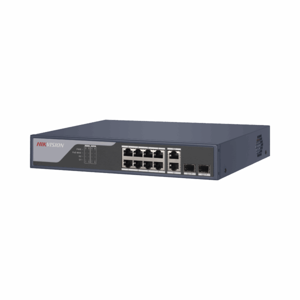 Switch PoE+ / Administrable / Uso en Rack / 8 Puertos 10/100 PoE+ /  2 Puertos 1000 Mbps Uplink  / 2 Puertos SFP / Configuración Nube desde Hik-PartnerPro / Modo Extendido hasta 300 Metros / 125 W