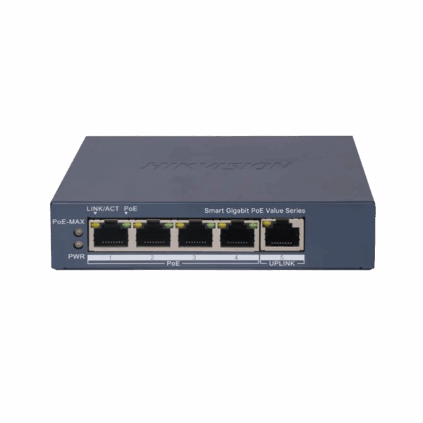 Switch Gigabit PoE+ / Administrable / 4 Puertos 1000 Mbps PoE+ / 1 Puerto 1000 Mbps Uplink / Configuración Nube Hik-PartnerPro / Modo Extendido hasta 300 Metros / 45 Watts