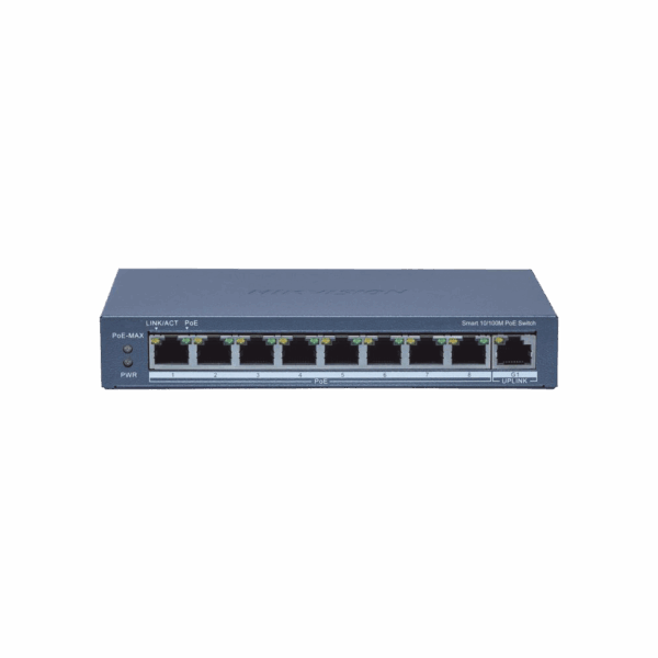 Switch Administrable PoE+ / 8 puertos 100 Mbps PoE+ / 1 puerto 1000 Mbps de Uplink / PoE hasta 300 Metros / Conexión Remota desde Hik-ParnerPro / 110 W