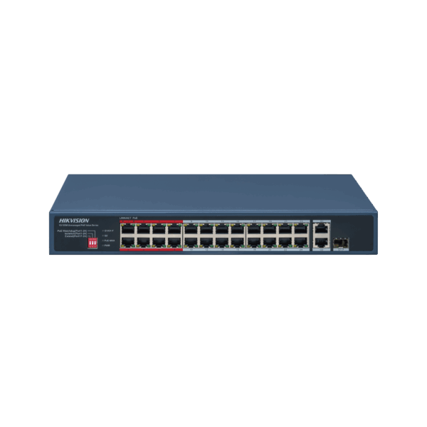 Switch PoE+ / No Administrable / 24 Puertos 10/100 Mbps PoE+ / 2 Puertos 1000 Mbps Uplink / 1 Puerto SFP Uplink / Modo Extendido hasta 300 Metros / 230 W