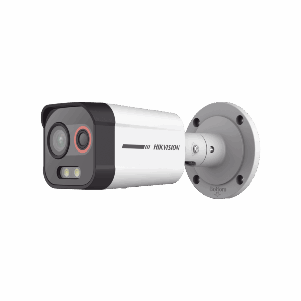 Bala IP Dual / Térmica 1.3 mm (96 x 72) / Óptico 4 mm (4 Megapixel) / Detección de Excepciones de Temperatura 30 mts /30 mts Luz Blanca / Exterior IP67 / PoE / Sirena y Luz Intermitente Integrada / Micro SD / ColorVu y ACUSENSE