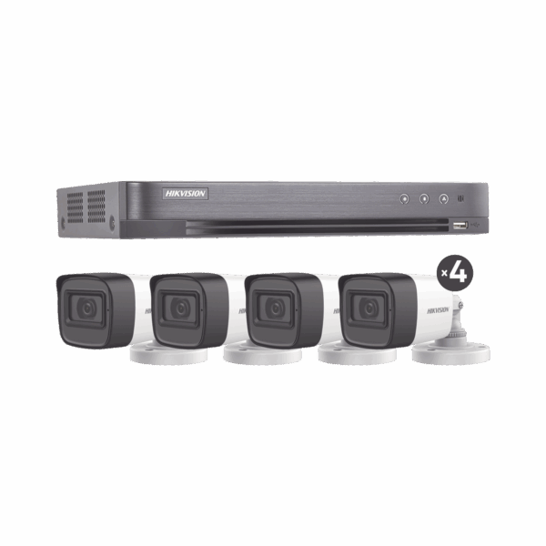 (MICRÓFONO INTEGRADO) KIT TURBOHD 5 Megapixel / DVR 4 Canales / 4 Cámaras Bala con Micrófono Integrado (exterior 2.8 mm) / Fuente de Poder / Accesorios de Instalación