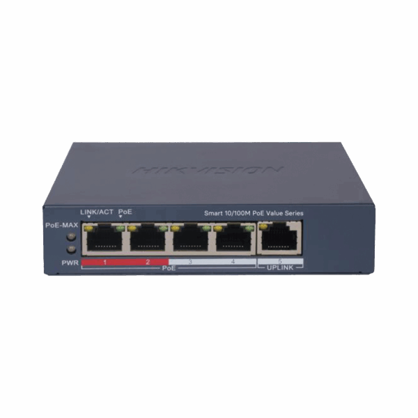 Switch PoE+ / Administrable / 4 Puertos 10/100 Mbps PoE+ / 1 Puerto 10/100 Mbps Uplink / Configuración Nube Hik-PartnerPro / Modo Extendido hasta 300 Metros /  45 W