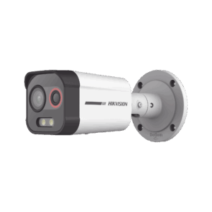 Bala IP Dual / Térmica 2.6 mm (96 x 72) / Óptico 6 mm (4 Megapixel) / Detección de Intrusión por VCA 30 mts /30 mts Luz Blanca / Exterior IP67 / PoE / Sirena y Luz Intermitente Integrada / Micro SD / ColorVu y ACUSENSE