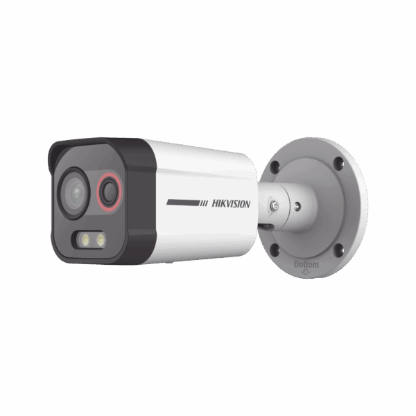 Bala IP Dual / Térmica 2.6 mm (96 x 72) / Óptico 6 mm (4 Megapixel) / Detección de Intrusión por VCA 30 mts /30 mts Luz Blanca / Exterior IP67 / PoE / Sirena y Luz Intermitente Integrada / Micro SD / ColorVu y ACUSENSE