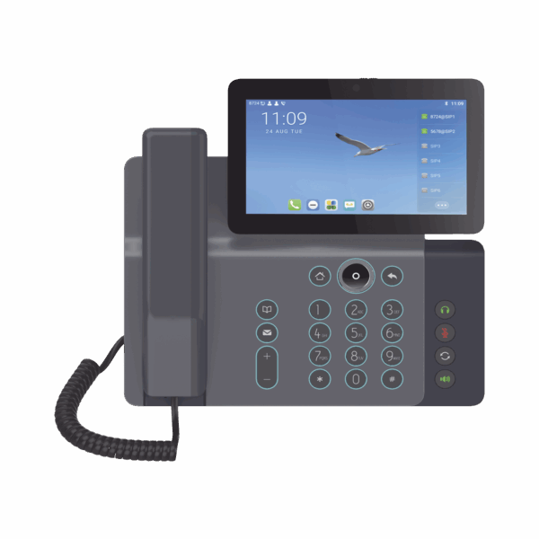 Videoteléfono IP inteligente Insignia, Android 9.0, 20 líneas SIP, pantalla a color 7" ajustable, Teclado de iluminación configurable, PoE, conferencia local de 10 vías.