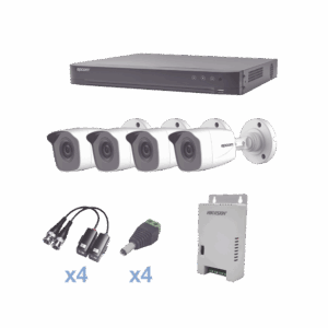 KIT TurboHD 1080p / DVR 4 Canales / 4 Cámaras Bala Metálicas (exterior 2.8 mm) / Transceptores / Conectores / Fuente de Poder Profesional
