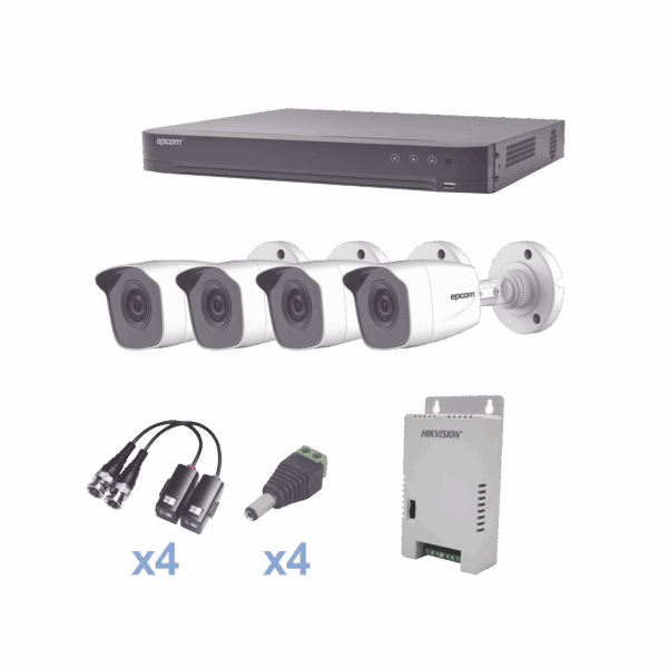 KIT TurboHD 1080p / DVR 4 Canales / 4 Cámaras Bala Metálicas (exterior 2.8 mm) / Transceptores / Conectores / Fuente de Poder Profesional