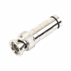 Conector BNC Macho en 75 Ohm, de Compresión Axial para Cable Coaxial RG-59/U, Níquel/ Oro/ Politetrafluoroetileno.