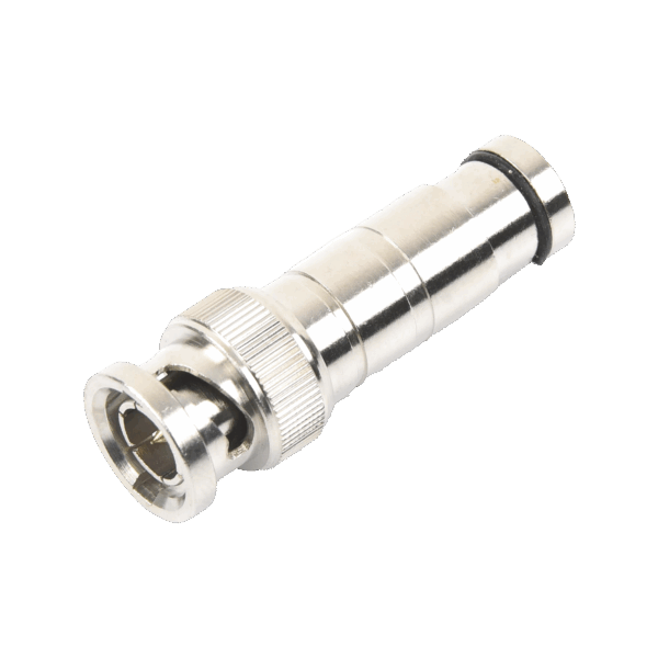 Conector BNC Macho en 75 Ohm, de Compresión Axial para Cable Coaxial RG-59/U, Níquel/ Oro/ Politetrafluoroetileno.