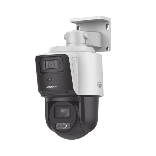 [TandemVu] PTZ IP 4 Megapixel con Cámara Panoramica 4 Megapixel / 4X Zoom / Dual Light (40 mts IR + 30 mts Luz Blanca) / ACUSENSE / IP66  / PoE+ / DARKFIGHTER / Micro SD / Incluye Base para Techo o Pared