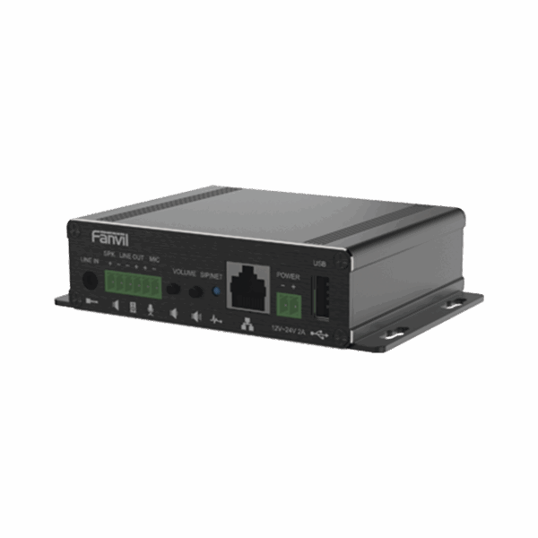 Gateway para Voceo IP/SIP,  Entrada de audio (3.5mm), salida de amplificador integrado de hasta 30W, puerto USB (reproducción de MP3),