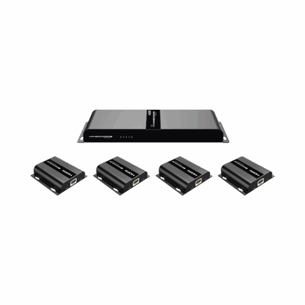 Kit Divisor y Extensor HDMI (Extender Splitter)  / Divide 1 Fuente HDMI a 4 Pantallas / Extiende la señal HDMI hasta 120 m / Resolución 1080P @ 60 Hz / Cat 6/6a / Soporta IR / Baja Latencia / Uso24/7 / Alimente solo el Tx (PoC).