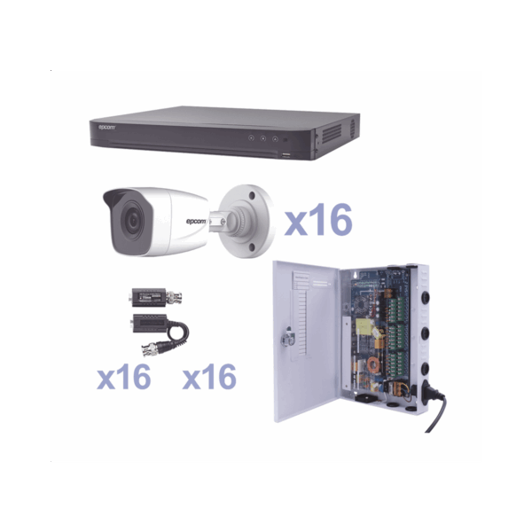 KIT TurboHD 1080p / DVR 16 Canales / 16 Cámaras Bala (exterior 2.8 mm) / Transceptores / Conectores / Fuente de Poder Profesional