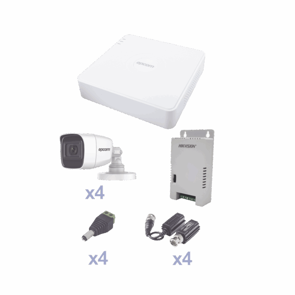 KIT TurboHD con Audio 1080p / DVR 4 Canales / 4 Cámaras Bala (exterior 2.8 mm) / Transceptores / Conectores / Fuente de Poder / AUDIO POR COAXITRON
