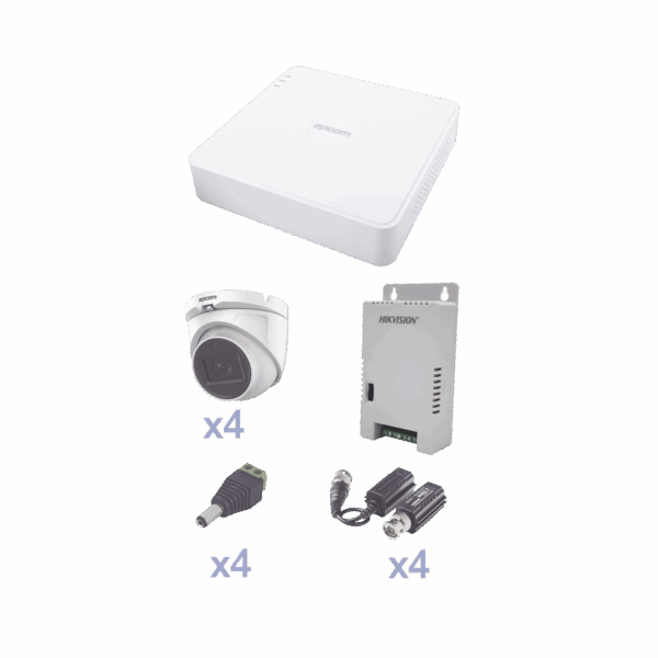 KIT TurboHD con Audio 1080p / DVR 4 Canales / 4 Cámaras Domo (exterior 2.8 mm) / Transceptores / Conectores / Fuente de Poder / AUDIO POR COAXITRON