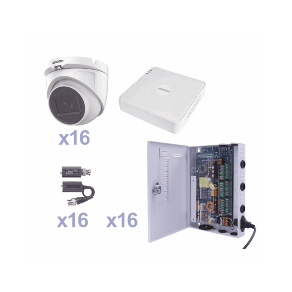 KIT TurboHD 1080p Lite / DVR 16 Canales / 16 Cámaras Eyeball  Exterior ( 2.8mm) / Transceptores / Conectores / Fuente de Poder Profesional