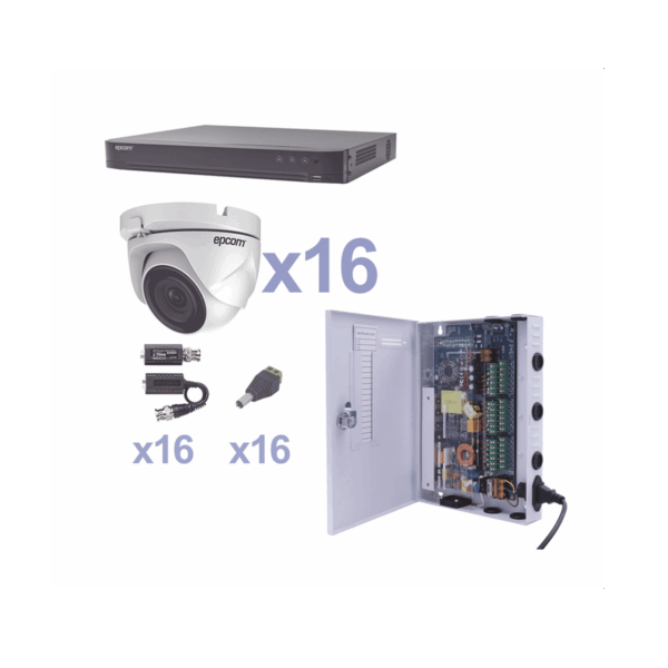 KIT TurboHD 1080p / DVR 16 Canales / 16 Cámaras Eyeball (exterior 2.8 mm) / Transceptores / Conectores / Fuente de Poder Profesional