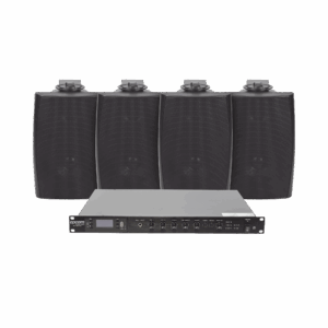 KIT de Amplificador de Audio 120W para Rack | 4 Altavoces de Pared color Negro 2.5W – 20W | Sistema 70/100V