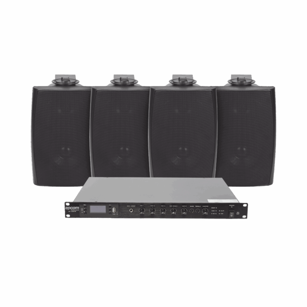 KIT de Amplificador de Audio 120W para Rack | 4 Altavoces de Pared color Negro 2.5W - 20W | Sistema 70/100V