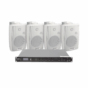 KIT de Amplificador de Audio 120W para Rack | 4 Altavoces de Pared color Blanco 2.5W – 20W | Sistema 70/100V