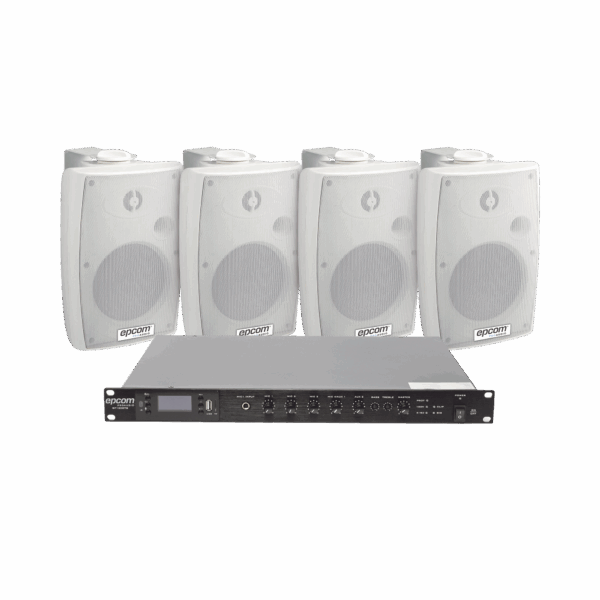 KIT de Amplificador de Audio 120W para Rack | 4 Altavoces de Pared color Blanco 2.5W - 20W | Sistema 70/100V