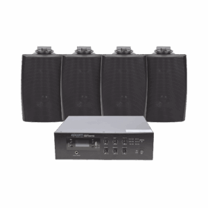 KIT de Amplificador de 120W para Escritorio | 4 Altavoces de Pared color Negro 2.5W – 20W | Sistema 70/100V