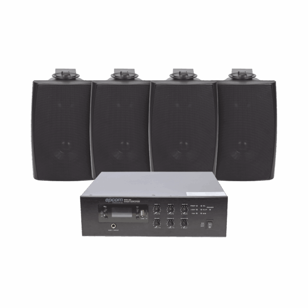 KIT de Amplificador de 120W para Escritorio | 4 Altavoces de Pared color Negro 2.5W - 20W | Sistema 70/100V