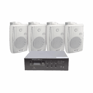 KIT de Amplificador de 120W para Escritorio | 4 Altavoces de Pared color Blanco 2.5W – 20W | Sistema 70/100V