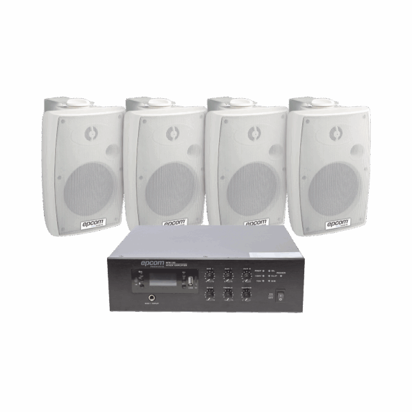 KIT de Amplificador de 120W para Escritorio | 4 Altavoces de Pared color Blanco 2.5W - 20W | Sistema 70/100V