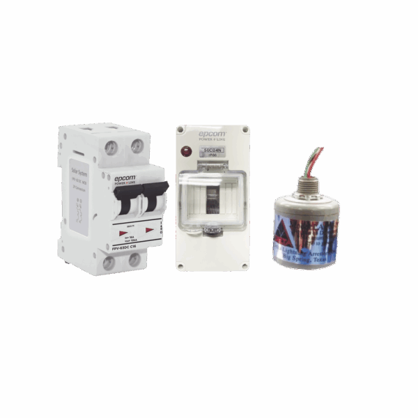 Kit de Centro de Carga Para Corriente Directa, Breaker de hasta  800 Vcc de 63 A con Supresor de Descargas Atmosféricas.