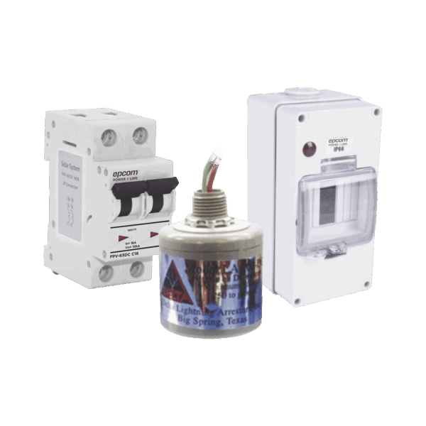 Kit de Centro de Carga Para Corriente Directa, Breaker de hasta  800 Vcc de 16 A con Supresor de Descargas Atmosféricas.