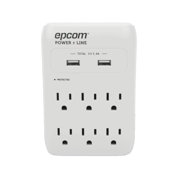 Multicontacto de Pared 110 Vca / Supresor de Picos 1080 Joules / 6 x Nema 5-15P / 2 x USB (5V @3.4A)