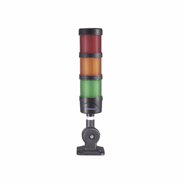 Torre LED Indicadora de estado de 3 niveles color Rojo, Ámbar y Verde, con Buzzer integrado a 85 dB,  a 110-240 VCA con Montaje incluido de 60 mm de diámetro