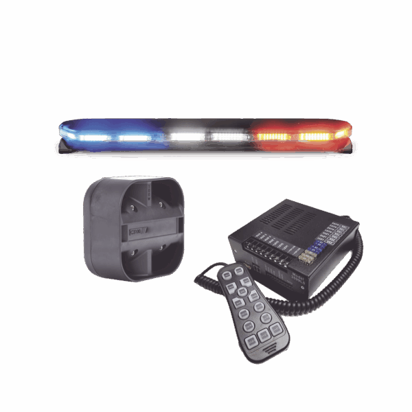 Kit de Sirena, Bocina y Torreta de 47", Serie 16 con 300 LEDs, Dual Color, Frente: Rojo/Blanco, Azul/Blanco, Trasero: Rojo/Ámbar, Azul/Ámbar