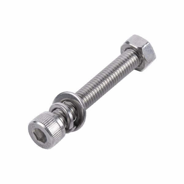 1 Tornillo Allen Milimétrico de Acero Inoxidable  M8-1.25 x 65/ Con 1 Tuerca, 1 Arandela de Presión y 1 Plana / Para Montajes de Módulos Foto Voltaicos .