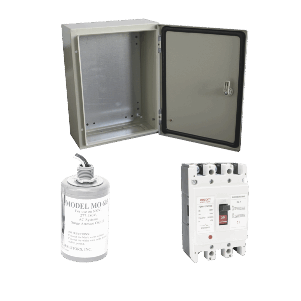 Kit de Centro de Carga Trifasico Para Corriente Alterna, Breaker de hasta 690 Vc de 125 A con Supresor de Descargas Atmosféricas.