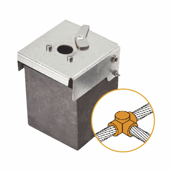 Molde de grafito horizontal unión en T horizontal de cable 2/0 AWG (pasante) con cable 2/0 AWG (terminal).