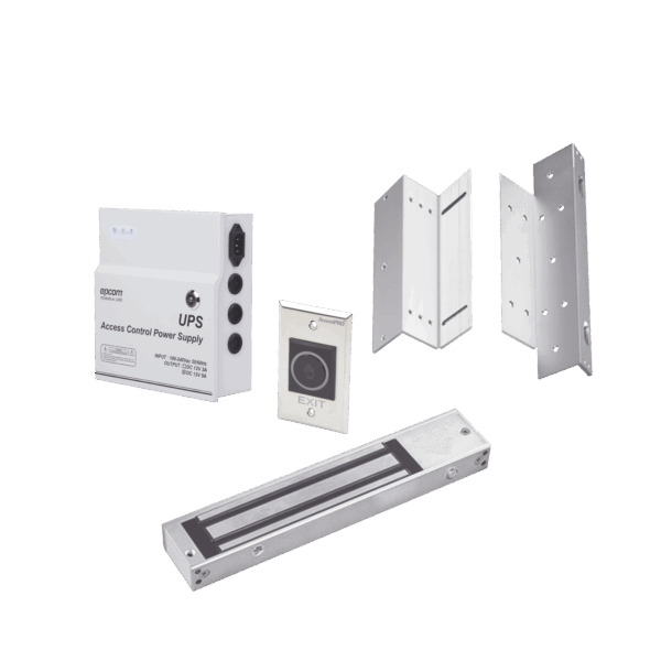 Kit para control de acceso incluye Fuente de 12VCD con respaldo de batería/ Chapa magnética de 600Lbs / Montajes L y Z / Botón de salida